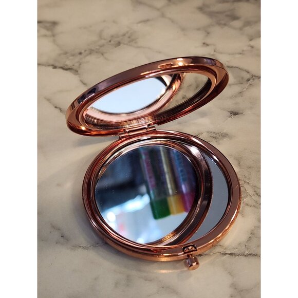 Rose Gold Tone Compact Mirror With Rhinestones - Picture 2 of 4